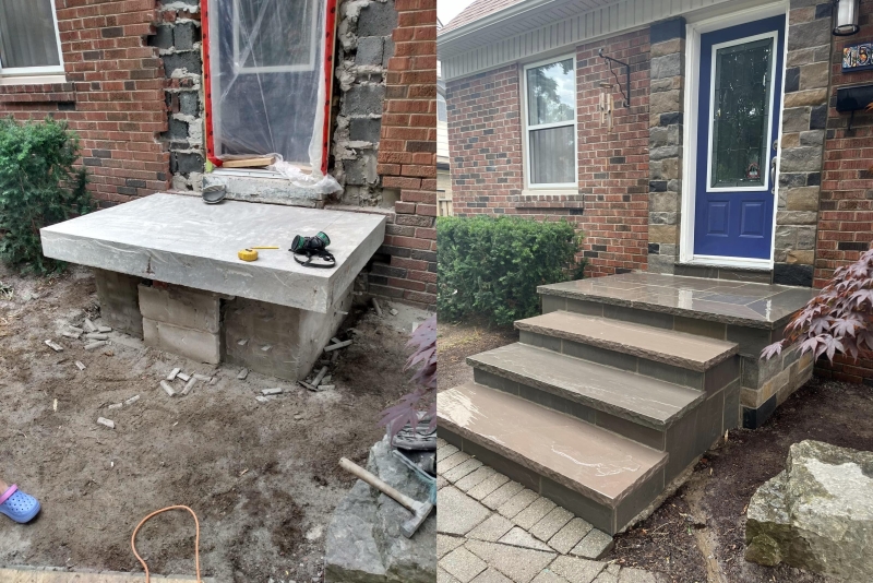 Before and after stone entrance and steps restoration